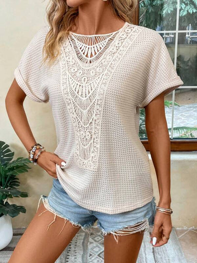 Julina - Camiseta de mujer de encaje liso con mangas murciélago