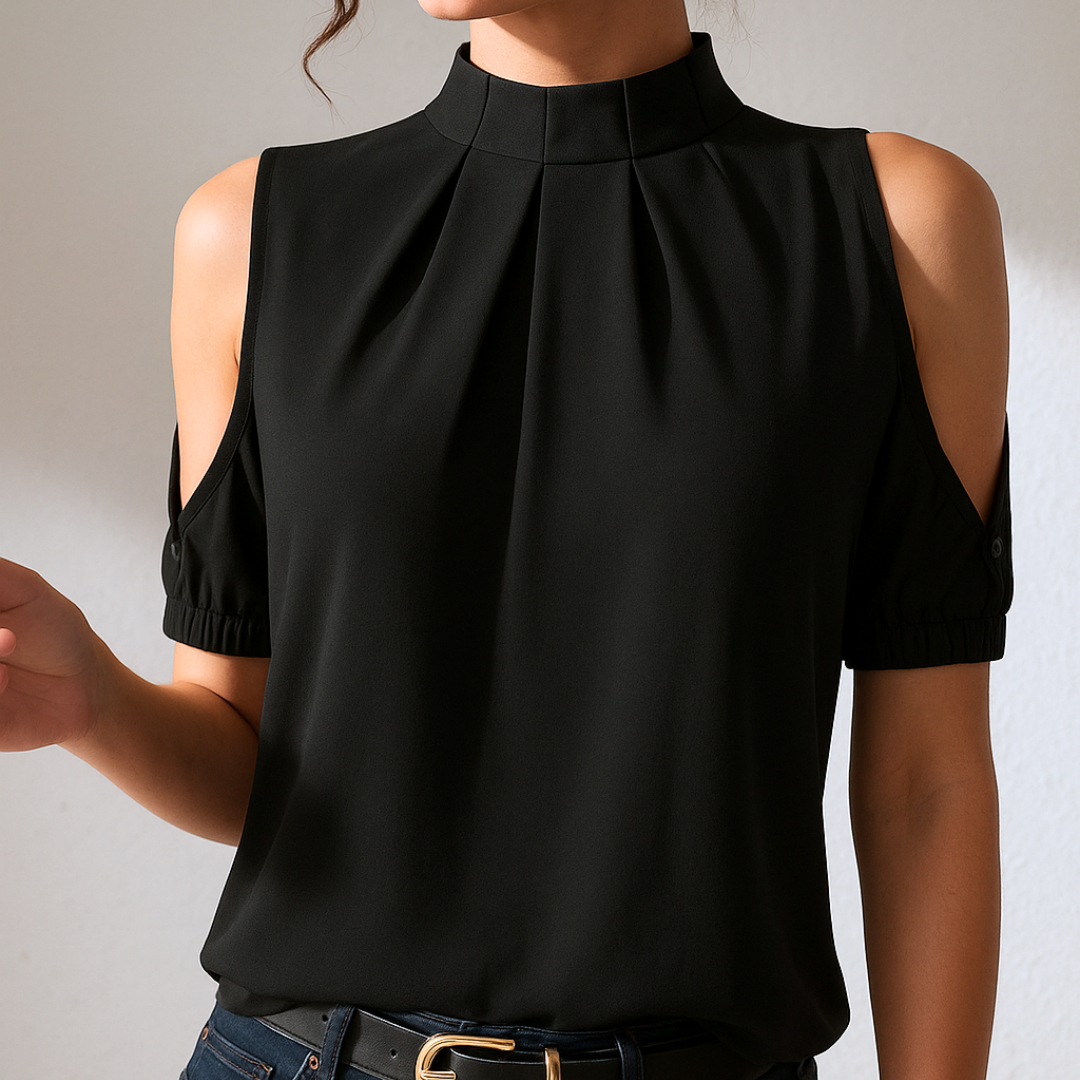 Chelsea - Blusa negra plisada con mangas abiertas