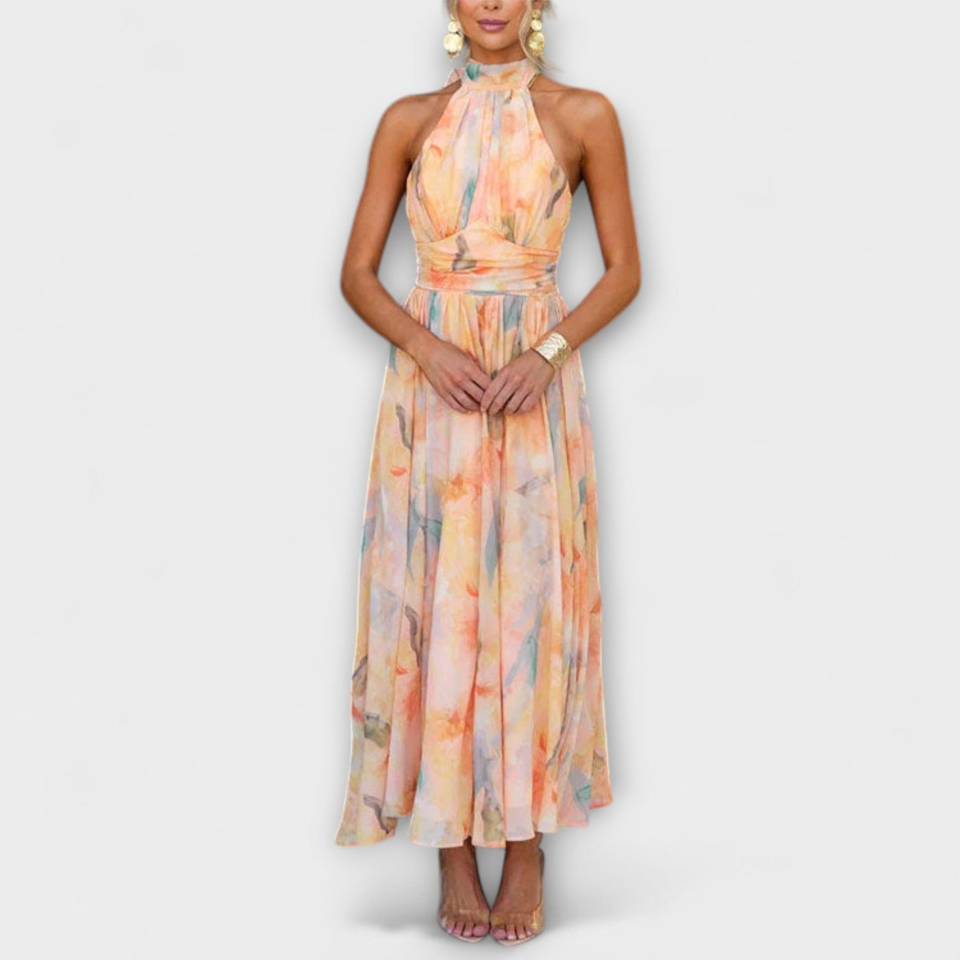 Irene - Maxivestido con cuello halter y estampado de acuarela