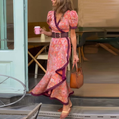 Alicia - Elegante Maxi Vestido Rosa con Mangas Cortas