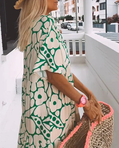 Nuria - Vestido largo de verano de corte vaporoso y elegante estampado gráfico