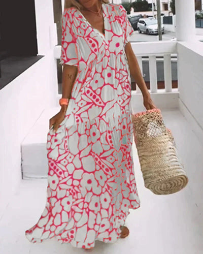 Nuria - Vestido largo de verano de corte vaporoso y elegante estampado gráfico