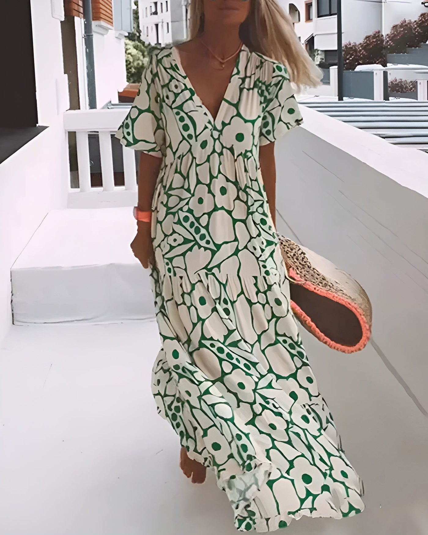 Nuria - Vestido largo de verano de corte vaporoso y elegante estampado gráfico