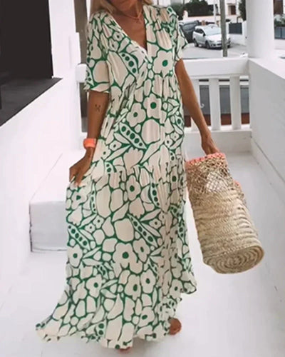Nuria - Vestido largo de verano de corte vaporoso y elegante estampado gráfico