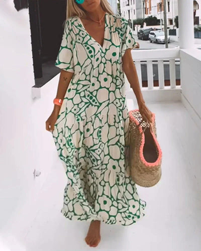 Nuria - Vestido largo de verano de corte vaporoso y elegante estampado gráfico