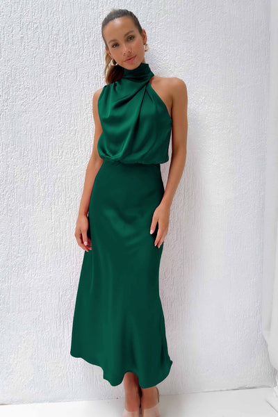 Alandra | Vestido largo de satén con cuello halter