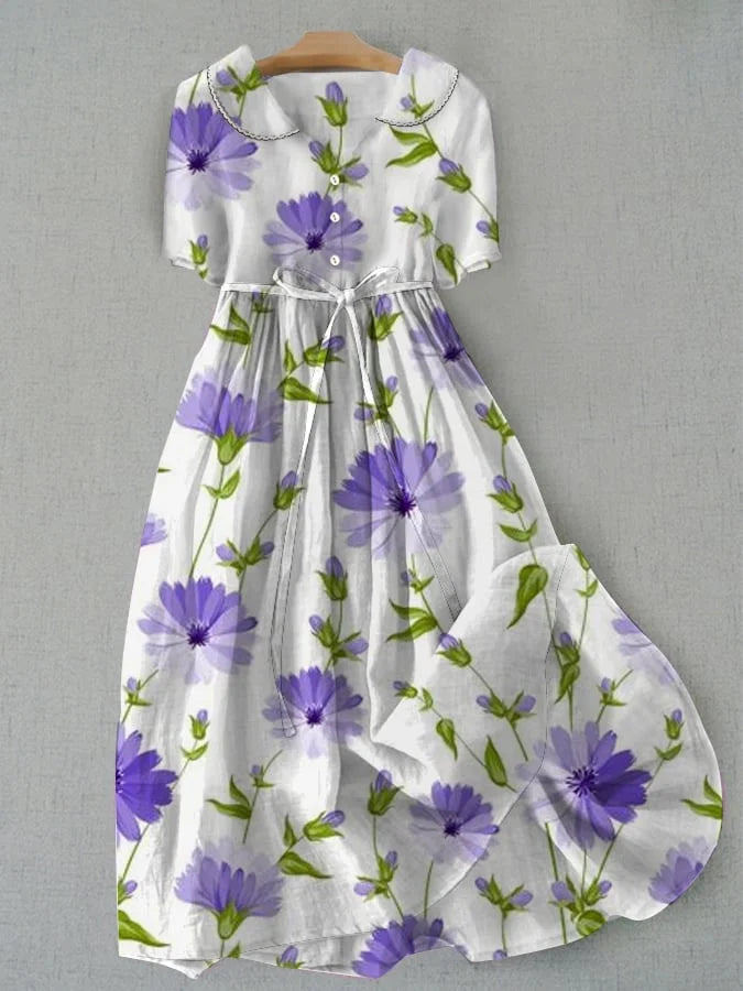 Sage | Vestido floral vintage con cordones en la cintura y mangas a media altura