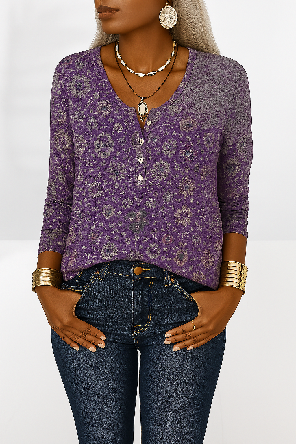 Candie - Blusa boho con estampado floral y manga larga