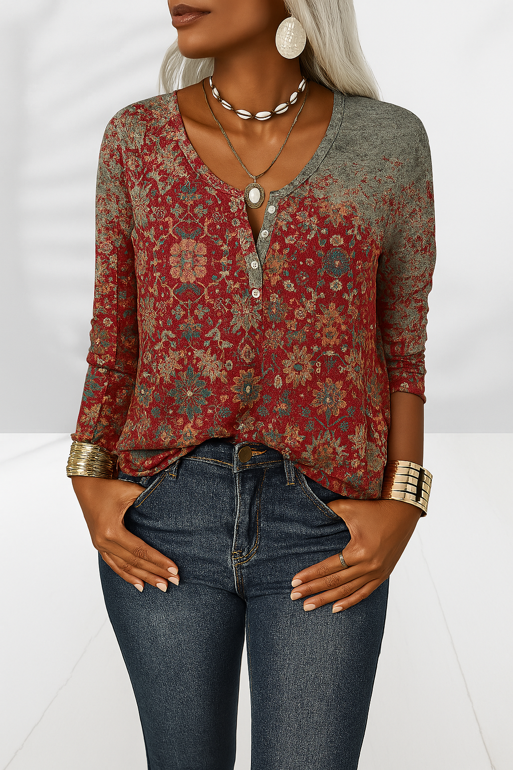 Candie - Blusa boho con estampado floral y manga larga