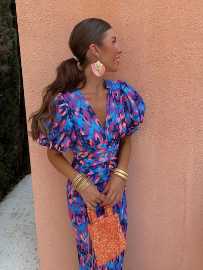 Rosalia - Vestido midi de mujer de color con mangas plisadas
