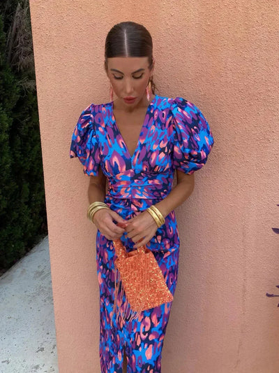 Rosalia - Vestido midi de mujer de color con mangas plisadas