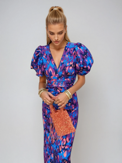 Rosalia - Vestido midi de mujer de color con mangas plisadas